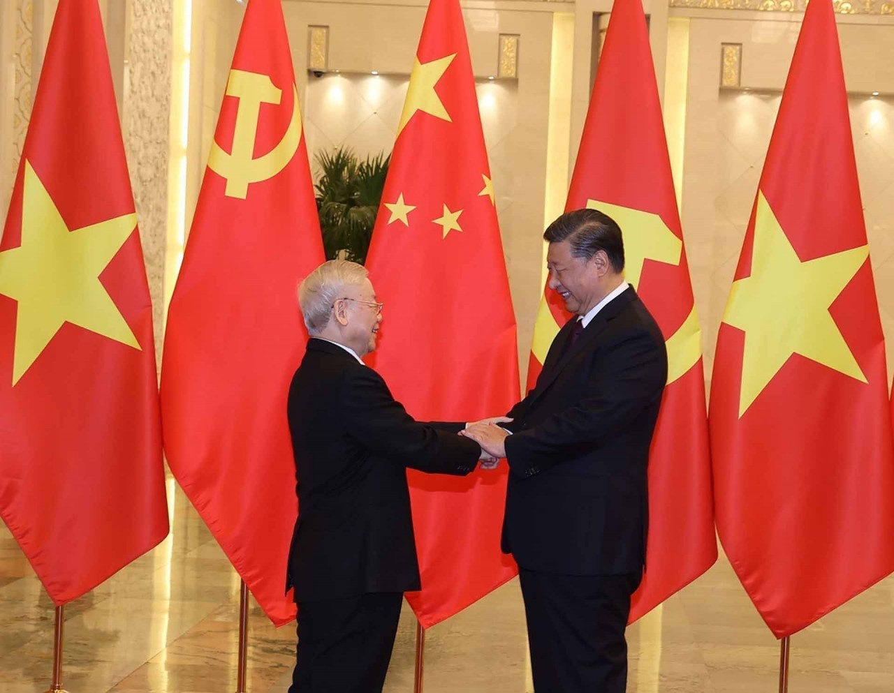 Party General Secretary and President of China Xi Jinping (R) shakes hands with Vietnamese Party General Secretary Nguyen Phu Trong. (Photo: VNA)