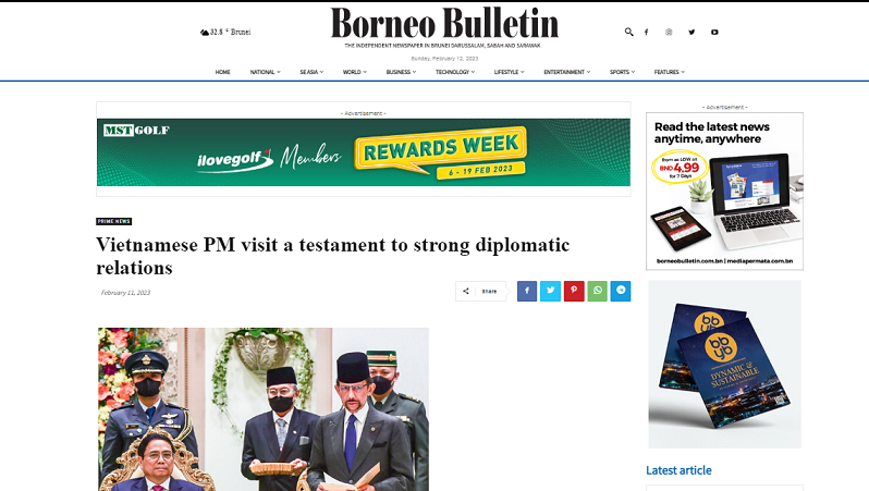 Báo chí Brunei đưa tin về chuyến thăm của Thủ tướng Phạm Minh Chính phản ánh mối quan hệ chặt chẽ giữa hai nước