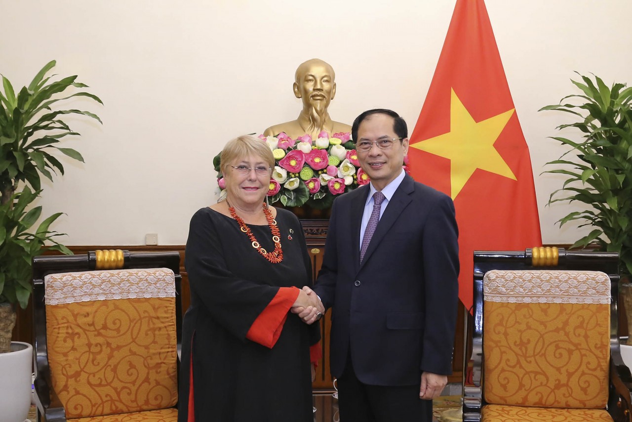 Bộ trưởng Ngoại giao Bùi Thanh Sơn tiếp Cựu Tổng thống Chile Michelle Bachelet Jeria. (Ảnh: Quang Hòa) Bộ trưởng Ngoại giao Bùi Thanh Sơn tiếp Cựu Tổng thống Chile Michelle Bachelet Jeria. (Ảnh: Quang Hòa)
