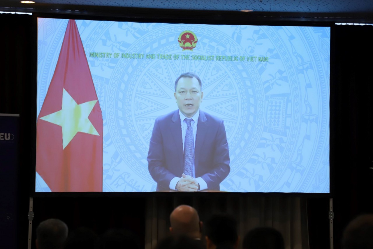 Deputy Minister of Industry and Trade Dang Hoang An speaks via teleconferencing. (Photo: VNA)