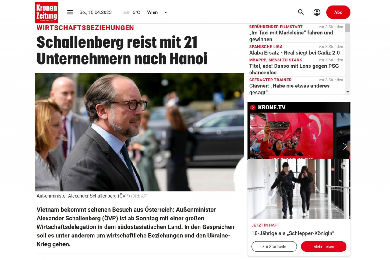 Tờ Kronen Zeitung của Áo đưa tin về chuyến thăm. (Ảnh chụp màn hình)
