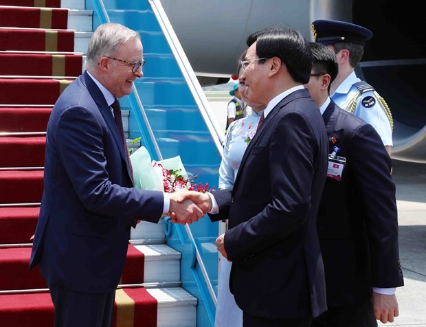 Australian Prime Minister Anthony Albanese (left) is welcomed at the Noi Bai International Airport by Minister &ndash; Chairman of the Vietnamese Government Office Tran Van Son. (Source: VNA) 