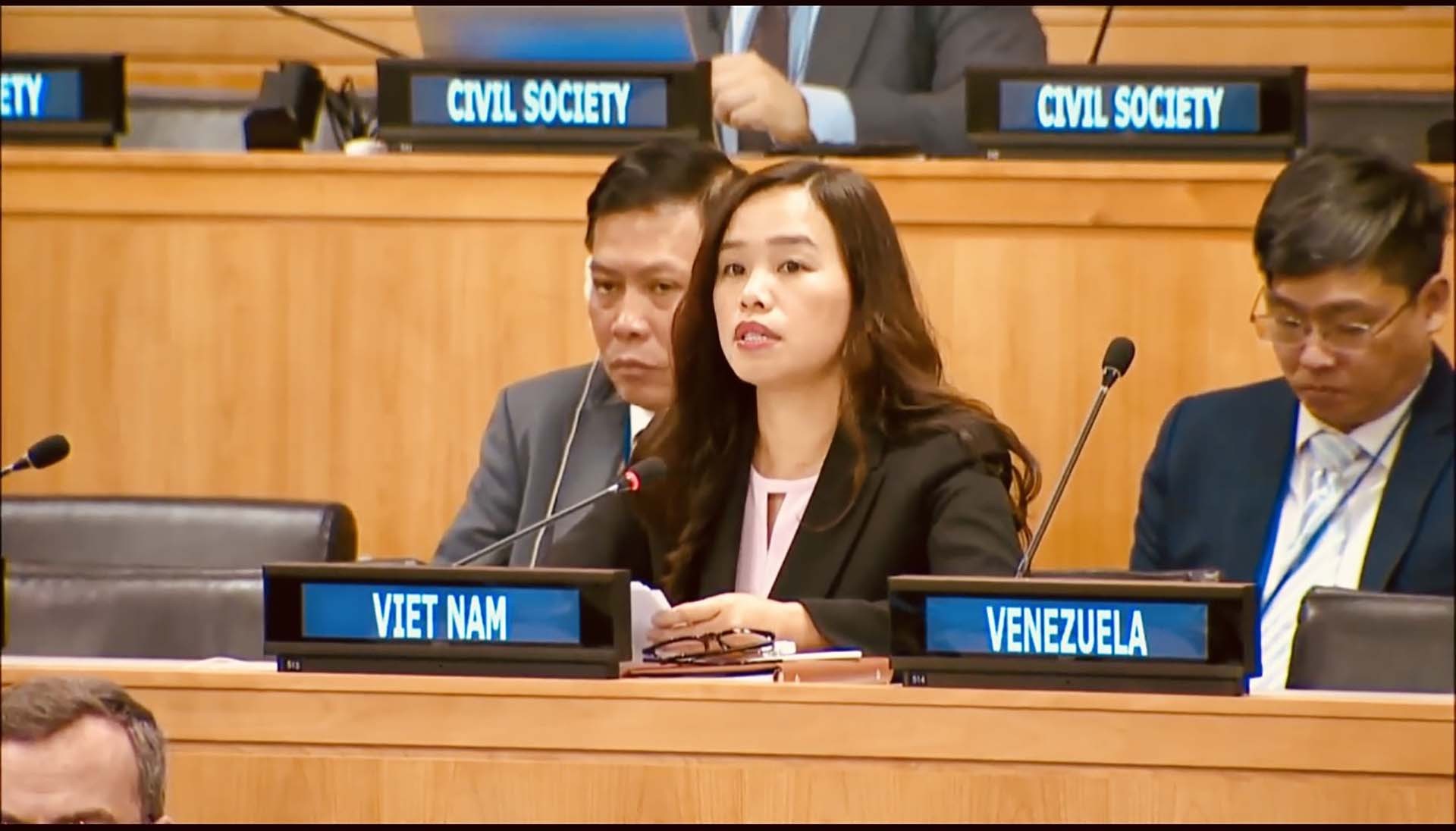 Tham tán công sứ Lê Thị Minh Thoa, Phó Trưởng Phái đoàn đại diện thường trực Việt Nam tại Liên hợp quốc tham dự phiên họp.