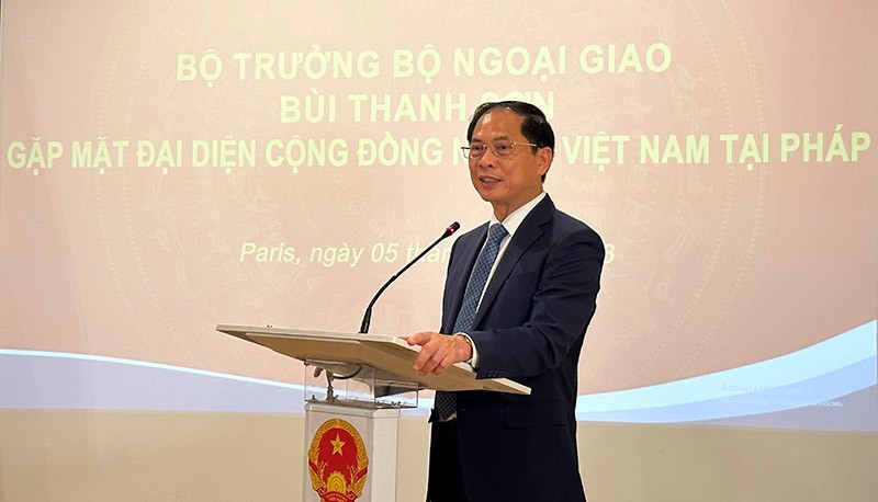 Bộ trưởng Ngoại giao Bùi Thanh Sơn phát biểu tại buổi gặp đại diện cộng đồng người Việt Nam tại Pháp. (Nguồn: TTXVN)