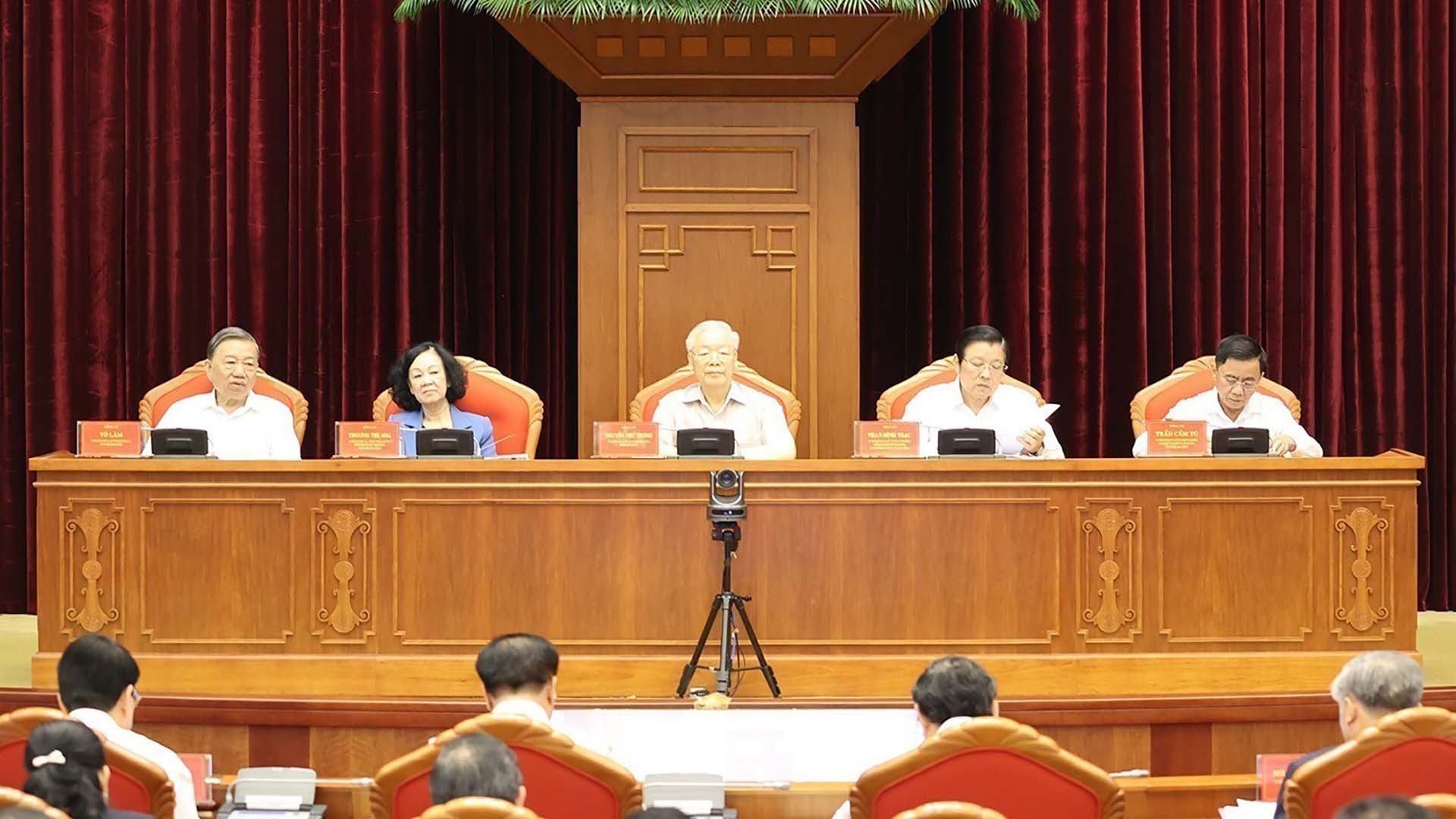 Tổng Bí thư Nguyễn Phú Trọng và các đồng chí Thường trực Ban Chỉ đạo Trung ương về phòng, chống tham nhũng, tiêu cực chủ trì Hội nghị. (Nguồn: TTXVN)
