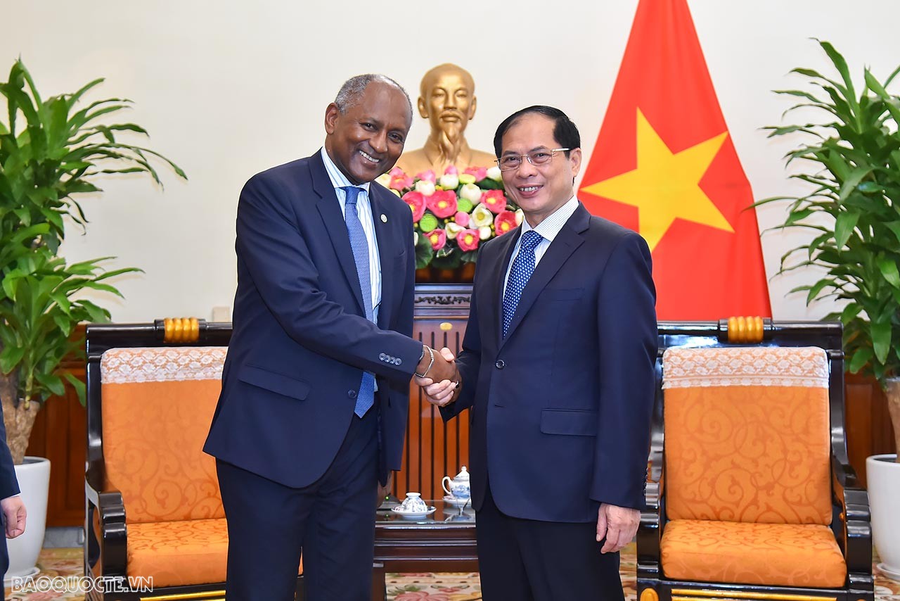 S&aacute;ng ng&agrave;y 6/7, tại trụ sở Bộ, Bộ trưởng Ngoại giao B&ugrave;i Thanh Sơn đ&atilde; tiếp &ocirc;ng Firmin Edouard Matoko, Trợ l&yacute; Tổng Gi&aacute;m đốc UNESCO về Ưu ti&ecirc;n ch&acirc;u Phi v&agrave; Quan hệ đối ngoại đến ch&agrave;o nh&acirc;n chuyến thăm Việt Nam từ ng&agrave;y 2-6/7. (Ảnh: Tuấn Anh)