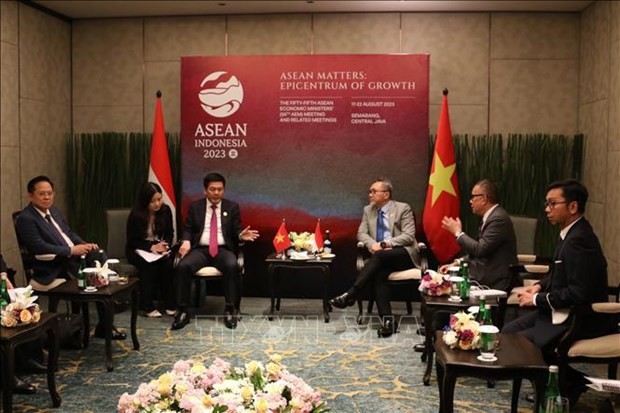 Minister of Industry and Trade Nguyen Hong Dien (Thirdm left) has a working session on August 19 with Indonesian Minister of Trade Zulkifli Hasan. (Source: VNA)