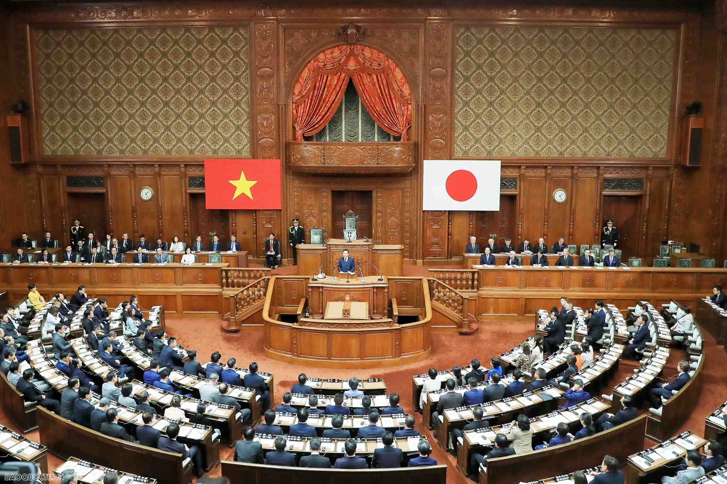 Chủ tịch nước Võ Văn Thưởng đã đến thăm và phát biểu diễn văn chính sách tại Quốc hội Nhật Bản, cơ quan lập pháp có lịch sử lâu đời nhất ở châu Á. (Ảnh: Thống Nhất)