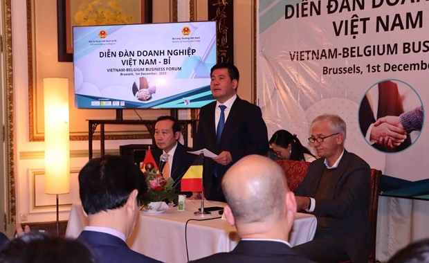 Minister of Industry and Trade Nguyen Hong Dien speaks at the Vietnam - Belgium business forum in Brussels on December 1. (Photo: VNA)