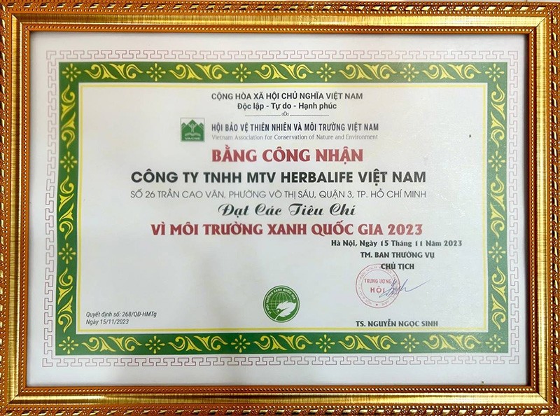 Herbalife Vietnam is awarded Certificate of Recognition 