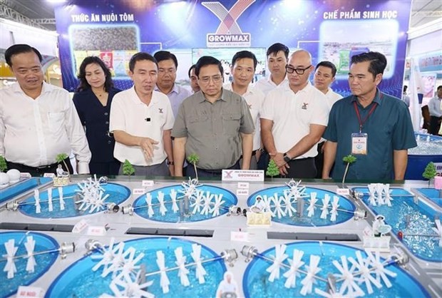 Prime Minister Pham Minh Chinh visits shrimp farming model at Ca Mau Shrimp Festival 2023. (Source: VNA)