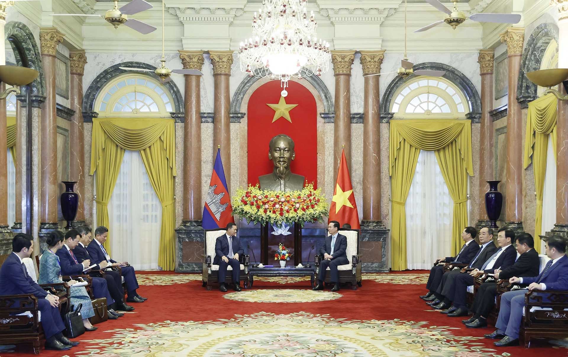 Chủ tịch nước Võ Văn Thưởng tiếp Thủ tướng Campuchia Hun Manet. (Nguồn: TTXVN)
