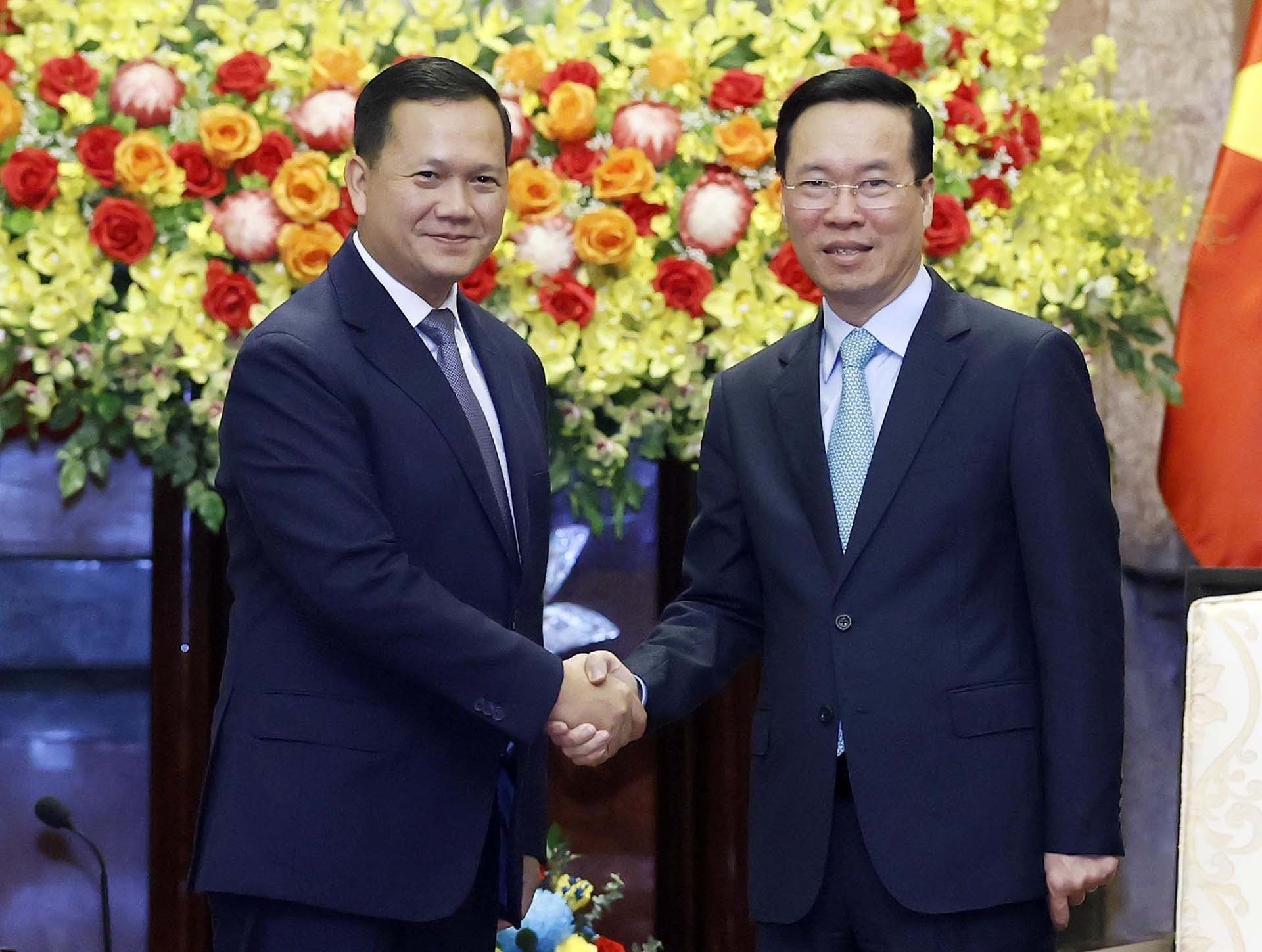 Chủ tịch nước Võ Văn Thưởng tiếp Thủ tướng Campuchia Hun Manet. (Nguồn: TTXVN) Chủ tịch nước Võ Văn Thưởng tiếp Thủ tướng Campuchia Hun Manet. (Nguồn: TTXVN)