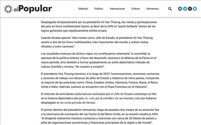 Báo chí Uruguay đưa tin về đánh giá và yêu cầu của Tổng Bí thư Nguyễn Phú Trọng đối với sự phát triển của Việt Nam. Báo điện tử El Pueblo (Nhân Dân), cơ quan ngôn luận Đảng Cộng sản Uruguay đăng bài trả lời phỏng vấn TTXVN của Tổng Bí thư Nguyễn Phú Trọng
