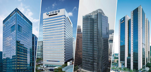 A composite image of Korea's commercial lenders — KB Kookmin, Shinhan, Hana and Woori / Korea Times file
