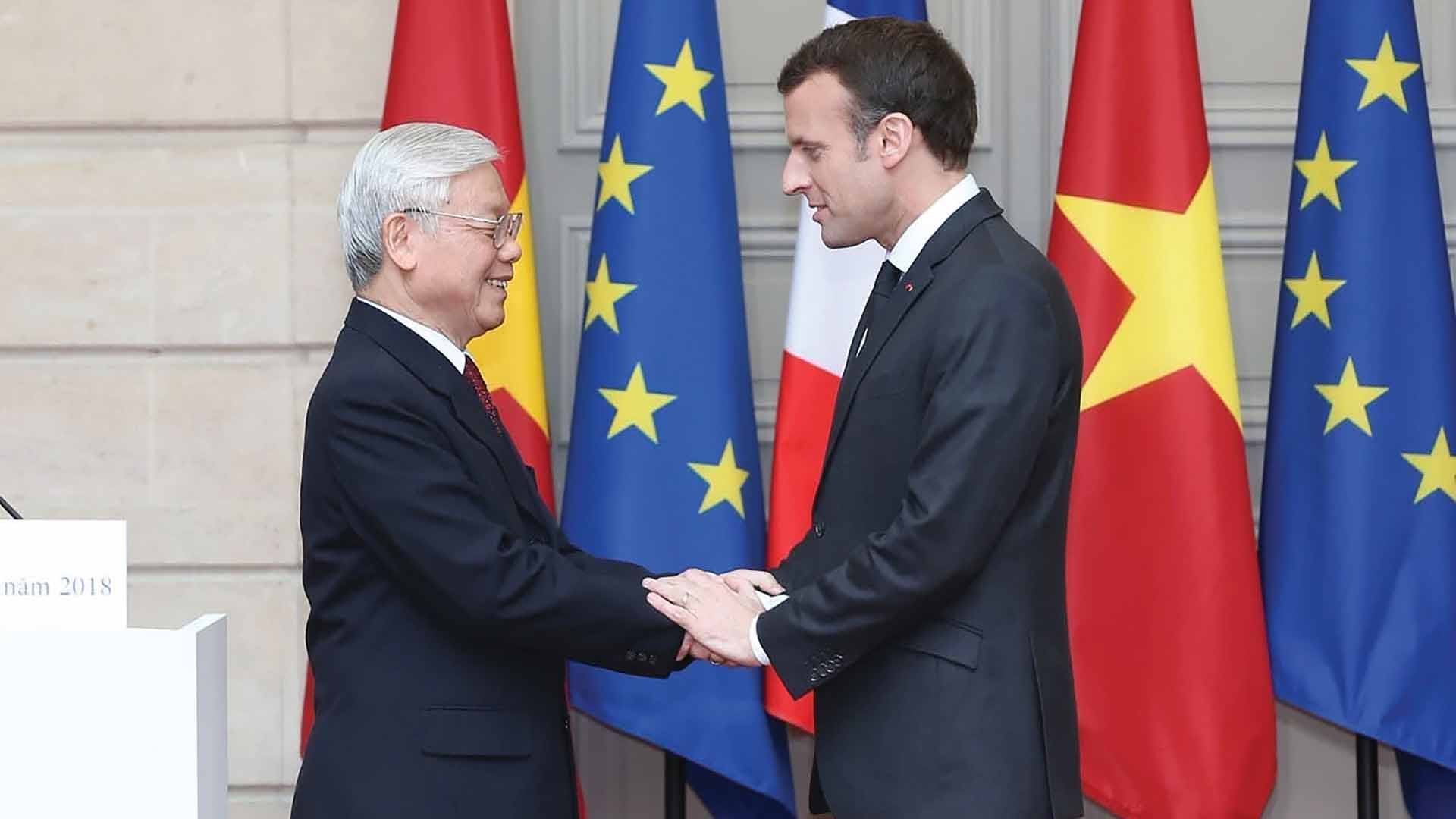 Tổng thống Emmanuel Macron đón Tổng Bí thư  Nguyễn Phú Trọng trong chuyến thăm chính thức Pháp, tháng 3/2018. (Nguồn: TTXVN)