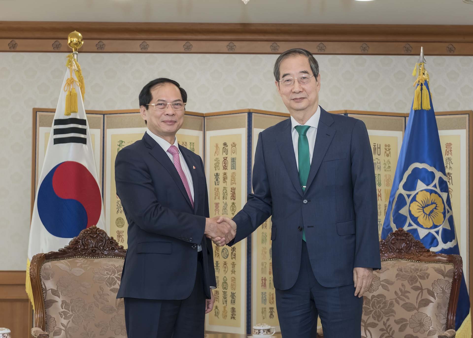 Bộ trưởng Ngoại giao Bùi Thanh Sơn hội kiến Thủ tướng Hàn Quốc Han Duck Soo. (Nguồn: TTXVN)