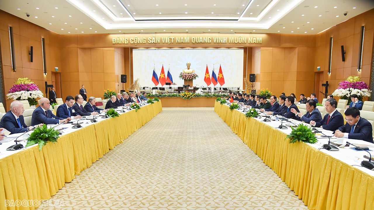 Chiều ngày 20/6, tại Trụ sở Chính phủ, Thủ tướng Chính phủ Phạm Minh Chính đã hội kiến Tổng thống Liên bang Nga Vladimir Putin. (Ảnh: Tuấn Anh)