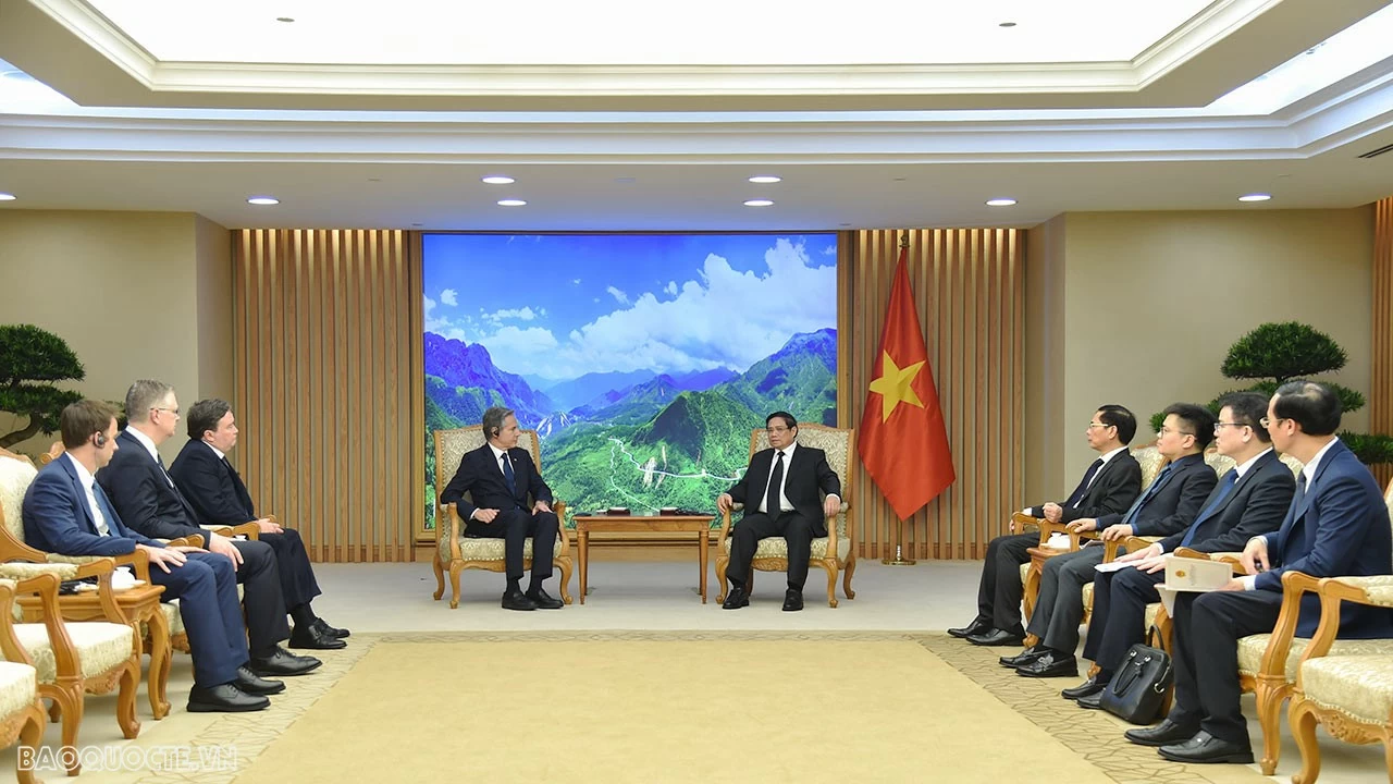 Tối 27/7, Thủ tướng Phạm Minh Chính tiếp Ngoại trưởng Hoa Kỳ Antony Blinken sang chia buồn Tổng Bí thư Nguyễn Phú Trọng từ trần. (Ảnh: Tuấn Anh) Tối 27/7, Thủ tướng Phạm Minh Chính tiếp Ngoại trưởng Hoa Kỳ Antony Blinken sang chia buồn Tổng Bí thư Nguyễn Phú Trọng từ trần. (Ảnh: Tuấn Anh)