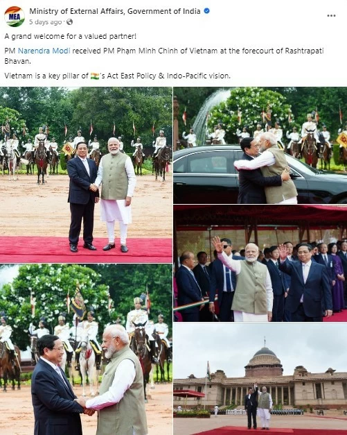 Thủ tướng Narendra Modi đã chủ trì lễ đón Thủ tướng Phạm Minh Chính tại Phủ Tổng thống Ấn Độ ngày 1/8. (Ảnh chụp màn hình) Thủ tướng Narendra Modi đã chủ trì lễ đón Thủ tướng Phạm Minh Chính tại Phủ Tổng thống Ấn Độ ngày 1/8. (Ảnh chụp màn hình)