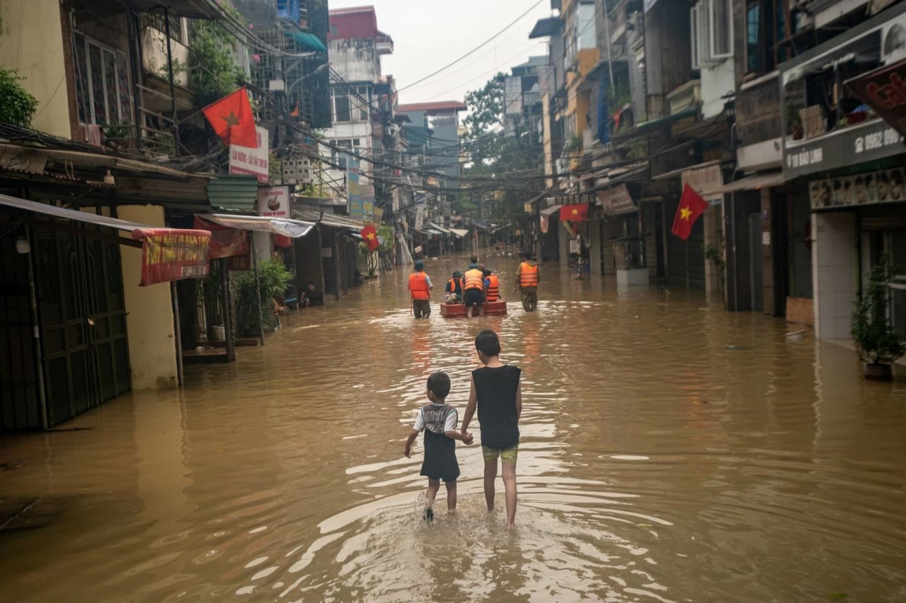 Nguyễn Tuấn Kiệt (left), 5, plays with his elder brother Nguyễn Tiến Lâm (right), 11, near their house at a neighborhood near the Red River, which is flooded following Typhoon Yagi on September 11, 2024, in Hanoi, Vietnam. (Photo: UNICEF Vietnam) Nguyễn Tuấn Kiệt (left), 5, plays with his elder brother Nguyễn Tiến Lâm (right), 11, near their house at a neighborhood near the Red River, which is flooded following Typhoon Yagi on September 11, 2024, in Hanoi, Vietnam. (Photo: UNICEF Vietnam)