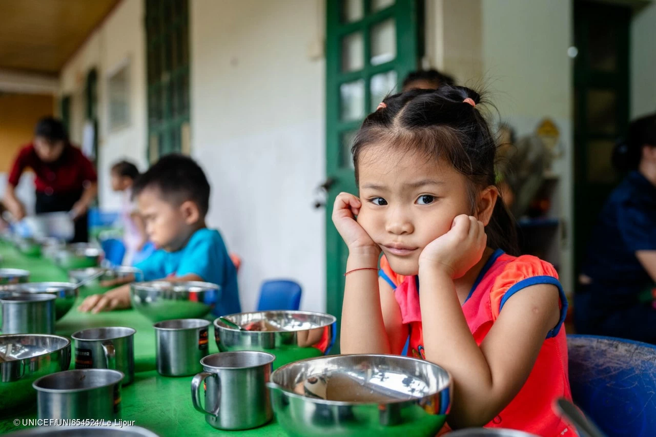 A child waits to eat after playing with toys of the UNICEF-supplied Early Childhood Education Kit in a kindergarten in Nu village, one of the hardest hit villages by Typhoon Yagi in Vietnam. (Photo: UNICEF) A child waits to eat after playing with toys of the UNICEF-supplied Early Childhood Education Kit in a kindergarten in Nu village, one of the hardest hit villages by Typhoon Yagi in Vietnam. (Photo: UNICEF)