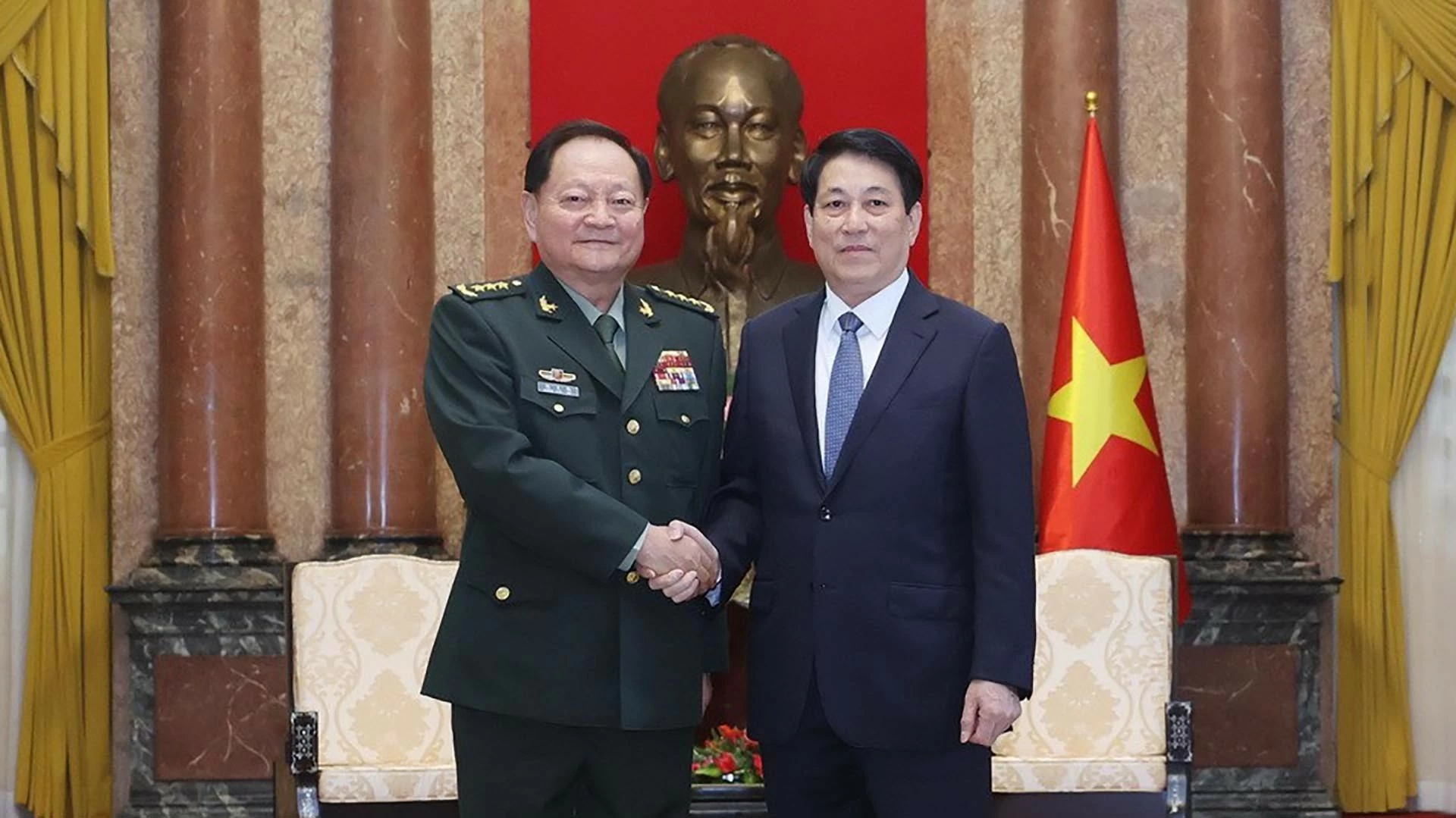Chủ tịch nước Lương Cường tiếp Thượng tướng Trương Hựu Hiệp, Ủy viên Bộ Chính trị, Phó Chủ tịch Quân ủy Trung ương Trung Quốc. (Nguồn: TTXVN) Chủ tịch nước Lương Cường tiếp Thượng tướng Trương Hựu Hiệp, Ủy viên Bộ Chính trị, Phó Chủ tịch Quân ủy Trung ương Trung Quốc. (Nguồn: TTXVN)