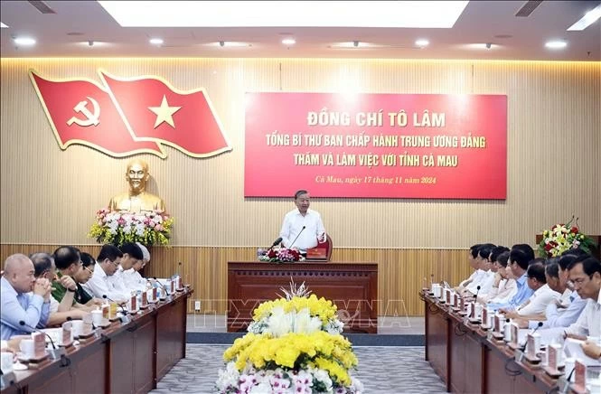 Tổng Bí thư Tô Lâm đề nghị Cà Mau tiếp tục đẩy nhanh tháo gỡ điểm nghẽn, rào cản cho phát triển Tổng Bí thư Tô Lâm đề nghị Cà Mau tiếp tục đẩy nhanh tháo gỡ điểm nghẽn, rào cản cho phát triển