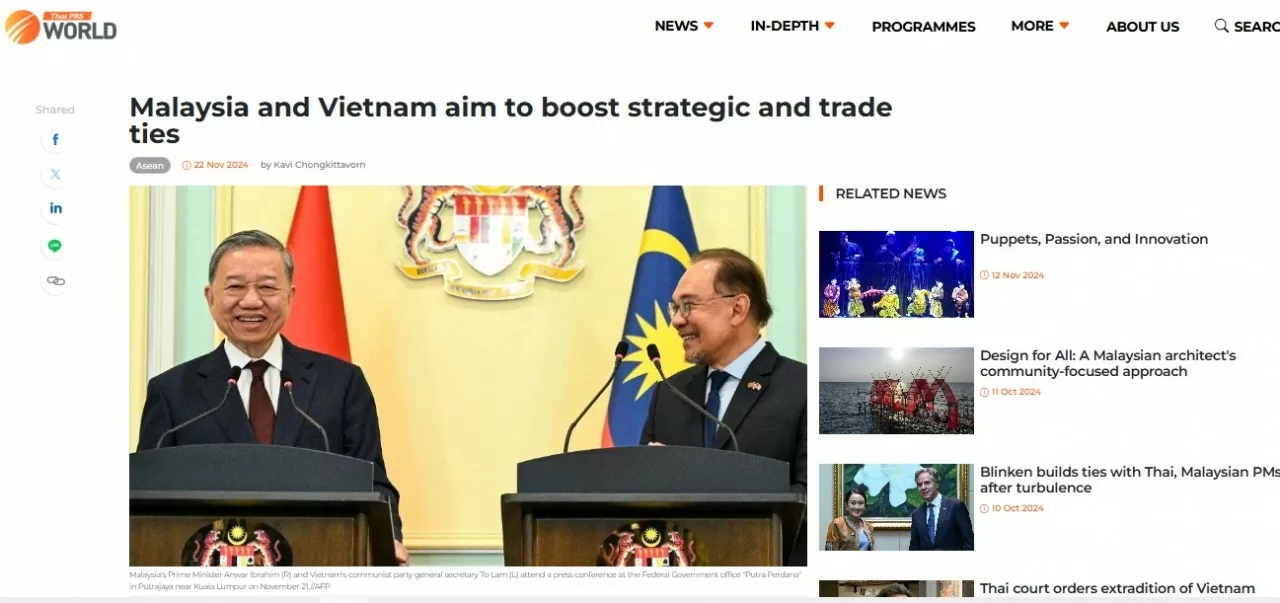 Bài viết của chuyên gia Thái Lan về chuyến thăm Malaysia của Tổng Bí thư Tô Lâm trên trang Thai PBS. (Ảnh chụp màn hình) Bài viết của chuyên gia Thái Lan về chuyến thăm Malaysia của Tổng Bí thư Tô Lâm trên trang Thai PBS. (Ảnh chụp màn hình)