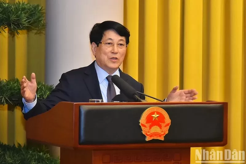 State President Luong Cuong addresses the meeting. (Photo: NDO) State President Luong Cuong addresses the meeting. (Photo: NDO)
