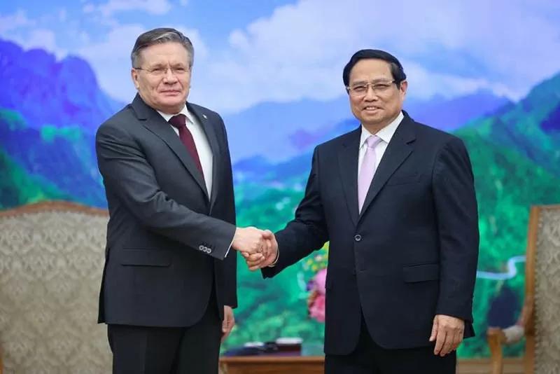 Thủ tướng Phạm Minh Chính và Tổng giám đốc Tập đoàn Rosatom Alexey Likhachev. (Nguồn: VGP) Thủ tướng Phạm Minh Chính và Tổng giám đốc Tập đoàn Rosatom Alexey Likhachev. (Nguồn: VGP)
