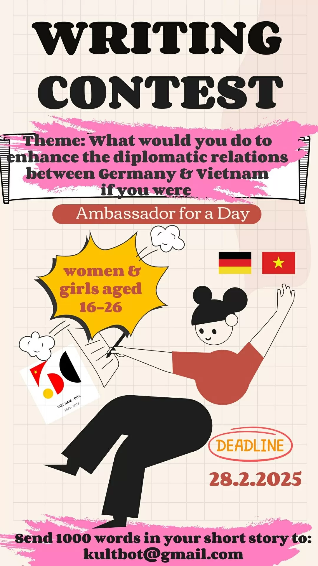 Poster cuộc thi viết Launching the 'Ambassador for a day' writing contest: Empowering the next generation of female leaders