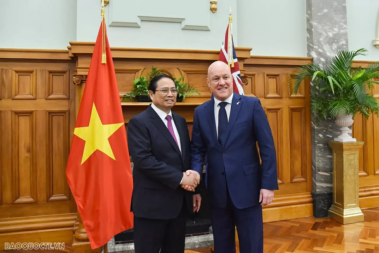 Thủ tướng Phạm Minh Chính và Thủ tướng Christopher Luxon tại thủ đô Wellington, tháng 3/2024. (Ảnh: Tuấn Anh)