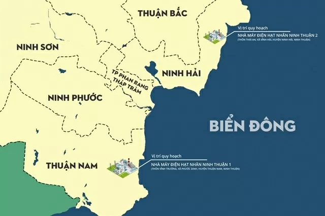 The proposed sites for Ninh Thuận 1 and Ninh Thuận 2 nuclear power plants in Việt Nam. Ninh Thuận 1 is set to be built in Phước Dinh Commune, Thuận Nam District, while Ninh Thuận 2 will be located in Vĩnh Hải Commune, Ninh Hải District. Photo pvn.vn