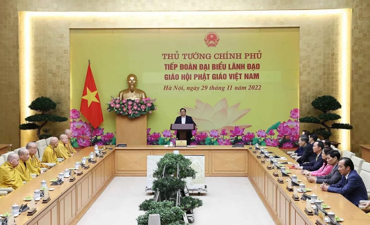 Prime Minister Pham Minh Chinh receives a delegation of leaders from the Vietnam Buddhist Sangha, November 29, 2022. (Source: VNA) Prime Minister Pham Minh Chinh receives a delegation of leaders from the Vietnam Buddhist Sangha, November 29, 2022. (Source: VNA)