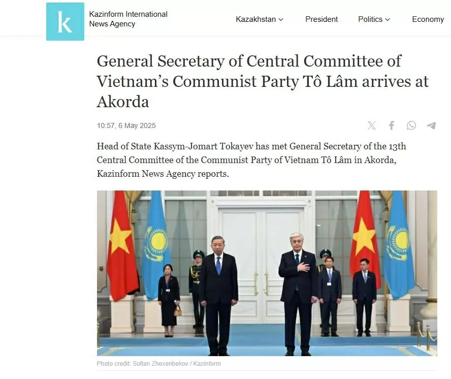 Trang qazinform.com tin rằng chuyến thăm lịch sử của Tổng Bí thư Tô Lâm sẽ tạo thêm động lực mở rộng hợp tác giữa Kazakhstan và Việt Nam. (Ảnh chụp màn hình) Trang qazinform.com tin rằng chuyến thăm lịch sử của Tổng Bí thư Tô Lâm sẽ tạo thêm động lực mở rộng hợp tác giữa Kazakhstan và Việt Nam. (Ảnh chụp màn hình)