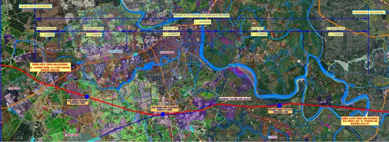 Bản đồ hướng tuyến Dự án đầu tư xây dựng tuyến đường sắt Lào Cai - Hà Nội - Hải Phòng qua địa phận tỉnh Hải Dương. (Nguồn: Báo Đầu tư) Bản đồ hướng tuyến Dự án đầu tư xây dựng tuyến đường sắt Lào Cai - Hà Nội - Hải Phòng qua địa phận tỉnh Hải Dương. (Nguồn: Báo Đầu tư)