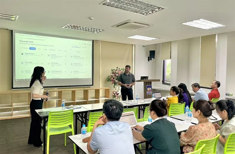 A group of teachers is in a pilot training session on using Khanmigo. A group of teachers is in a pilot training session on using Khanmigo.
