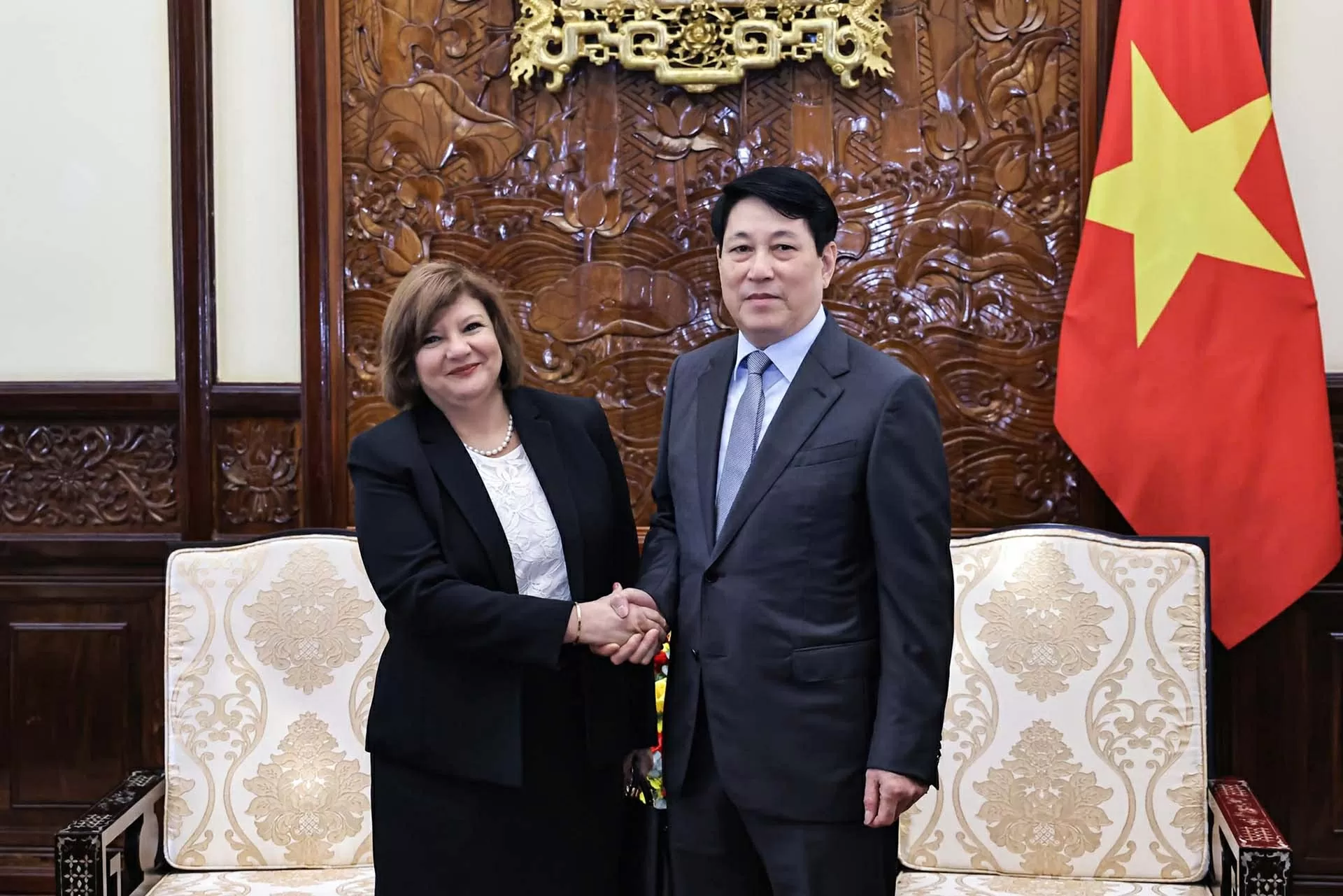 Chủ tịch nước Lương Cường tiếp Đại sứ Ai Cập tại Việt Nam Amal Abdel Kader Elmorsi Salama. (Nguồn: TTXVN)