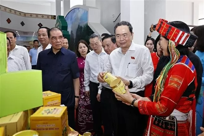 National Assembly Chairman Tran Thanh Man and former Party General Secretary Nong Duc Manh (man in black) visit a booth showcasing Tuyen Quang's specialties. (Photo: VNA)