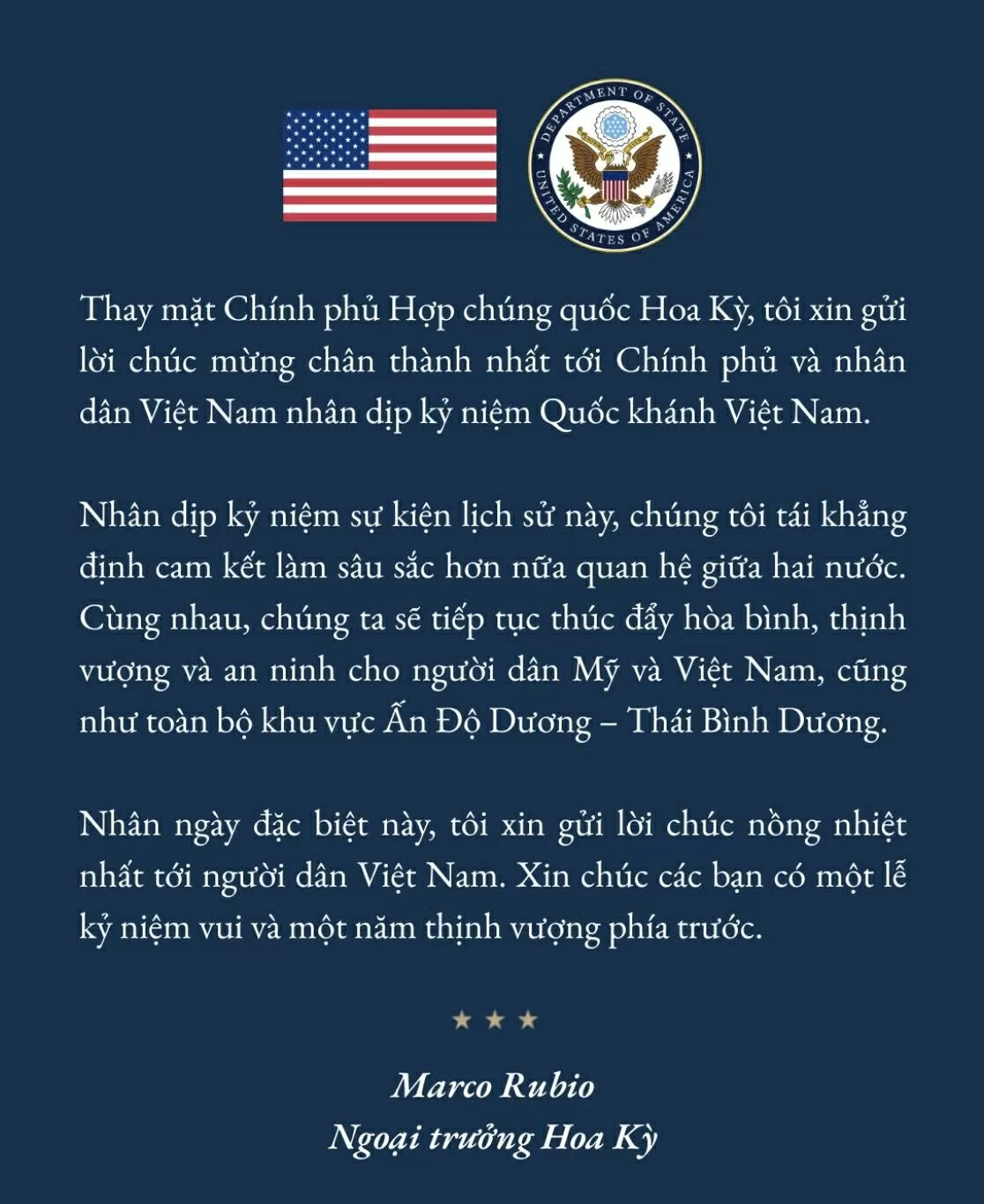 U.S. Secretary of State congratulates Vietnam on the 80th National Day anniversary