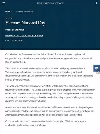 US Secretary of State congratulates Vietnam on 80th National Day