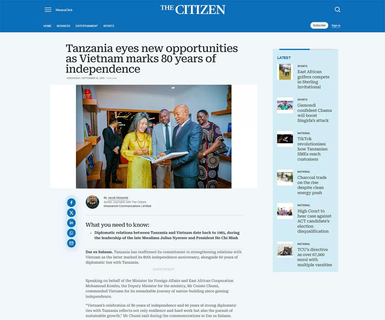 Inauguration of Ho Chi Minh Space on National Day in Tanzania