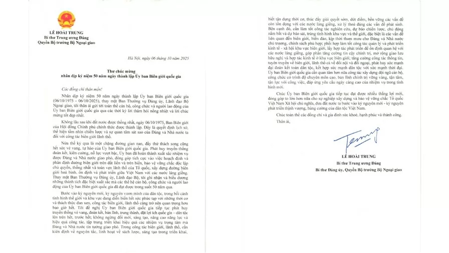 Congratulatory letter from Party Central Committee Secretary, Acting Minister of Foreign Affairs Le Hoai Trung for the National Boundary Commission Congratulatory letter from Party Central Committee Secretary, Acting Minister of Foreign Affairs Le Hoai Trung for the National Boundary Commission