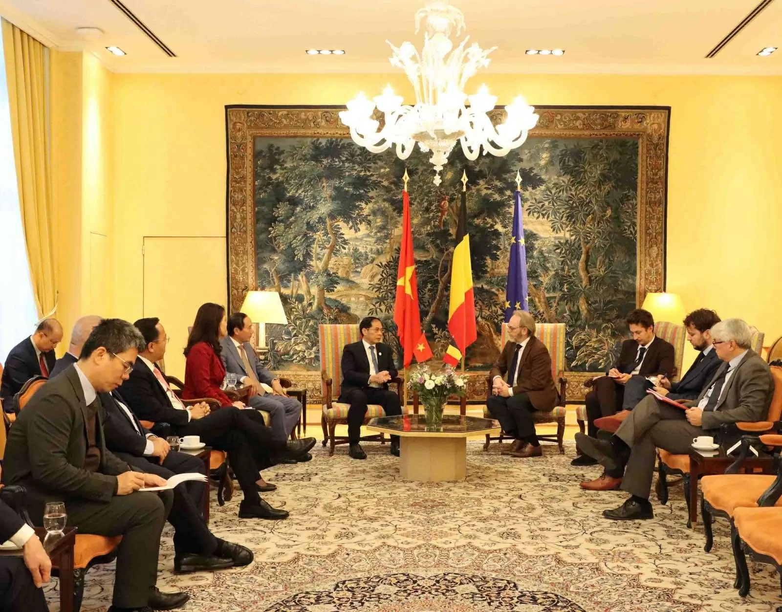 Deputy Prime Minister Bui Thanh Son (fifth, left) meets with President of the Belgian House of Representatives Peter De Roover (fourth, right) on October 10. (Photo: VNA)