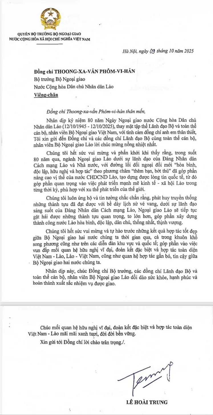 Acting Foreign Minister Le Hoai Trung sends Congratulatory letter on 80th anniversary of Lao diplomacy Acting Foreign Minister Le Hoai Trung sends Congratulatory letter on 80th anniversary of Lao diplomacy