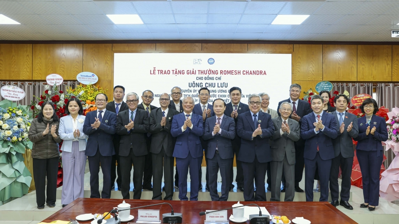 Vietnam Peace Committee Chairman Uong Chu Luu receives India's Romesh Chandra Award