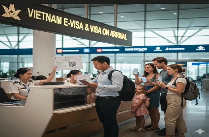 People are lining up to wait for checking in their Vietnam evisa.