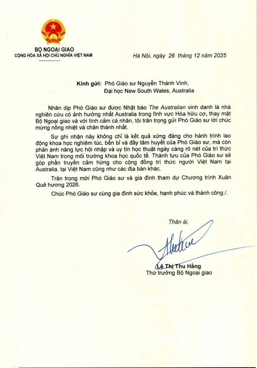 Vietnamese scholar Nguyen Thanh Vinh honoured as Australia's most influential researcher in organic chemistry Vietnamese scholar Nguyen Thanh Vinh honoured as Australia's most influential researcher in organic chemistry