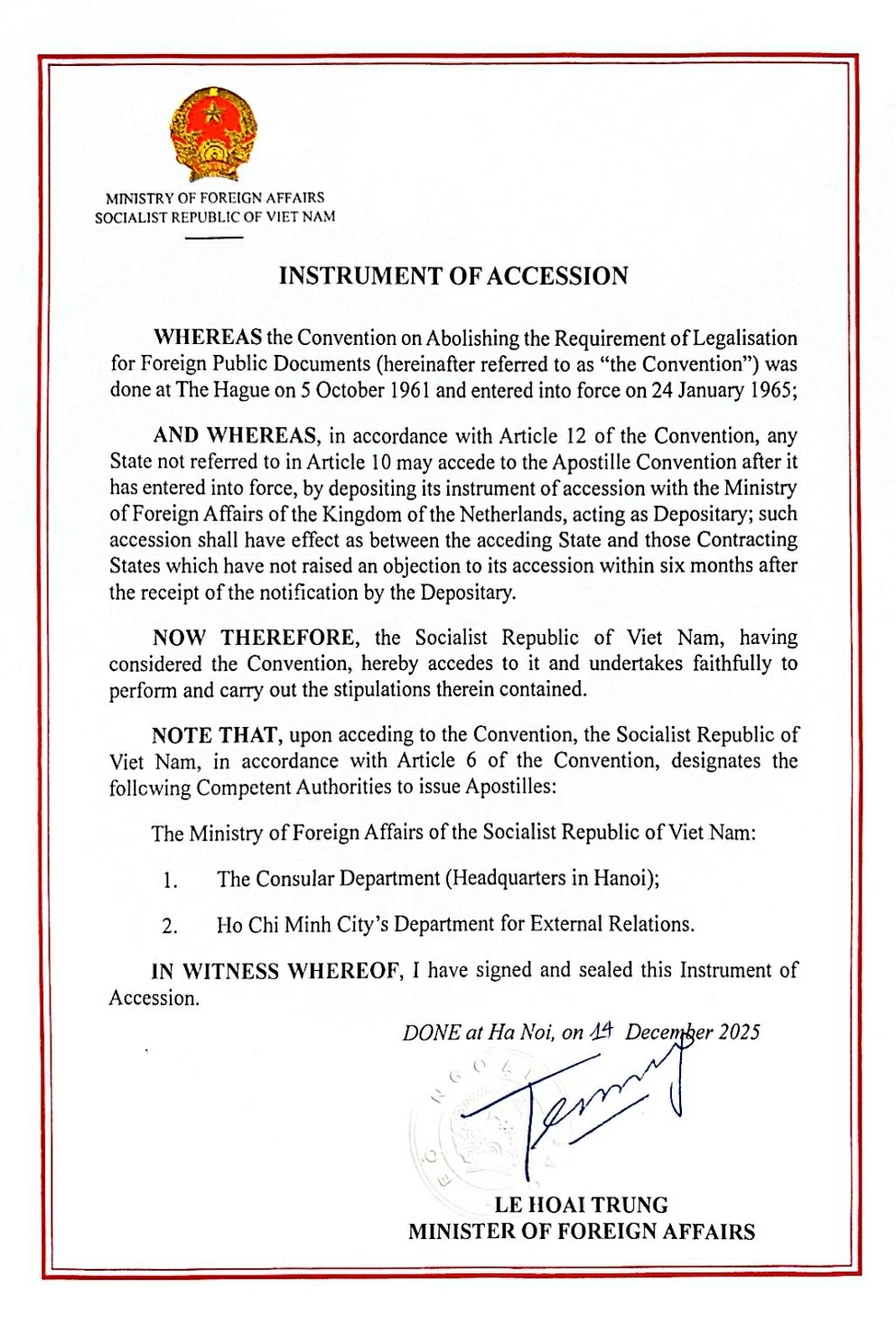 Vietnam completes procedures to join Apostille Convention